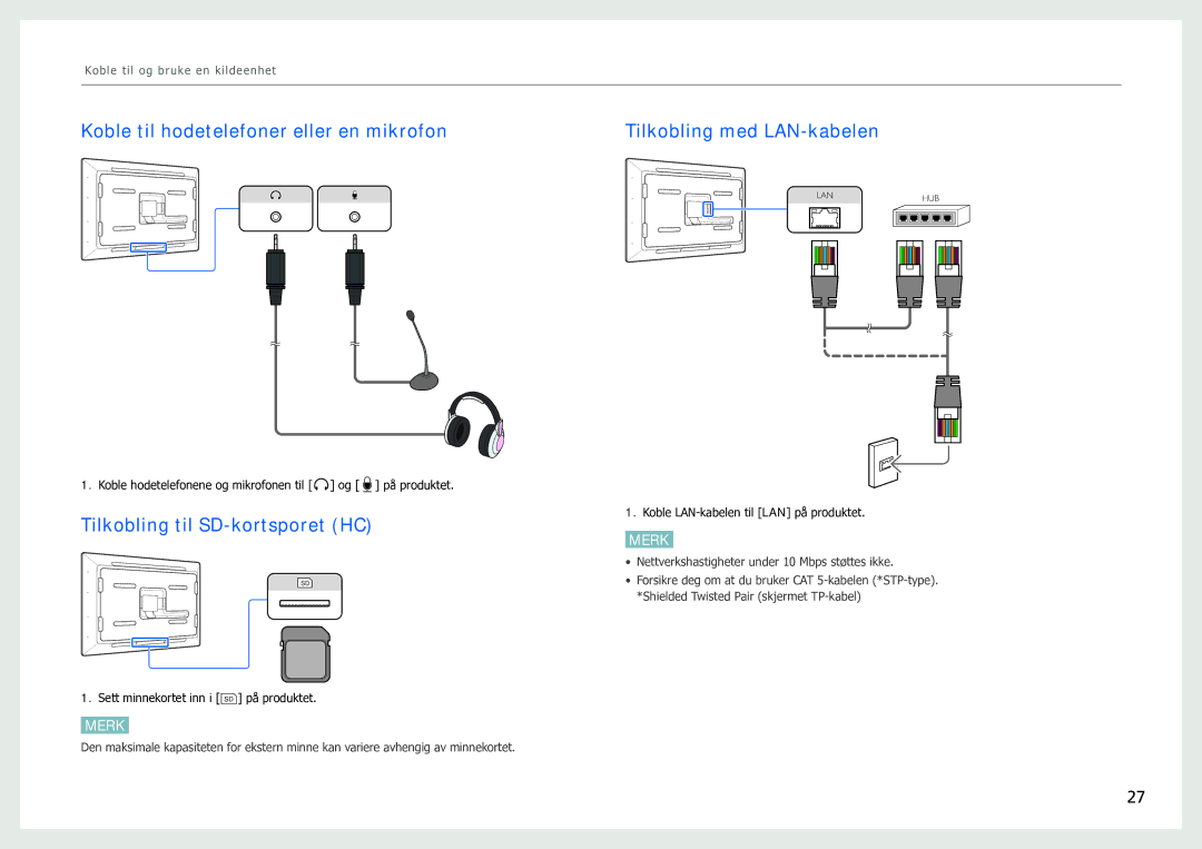 Samsung LH40SFWTGC/EN manual Koble til hodetelefoner eller en mikrofon, Tilkobling til SD-kortsporet HC 