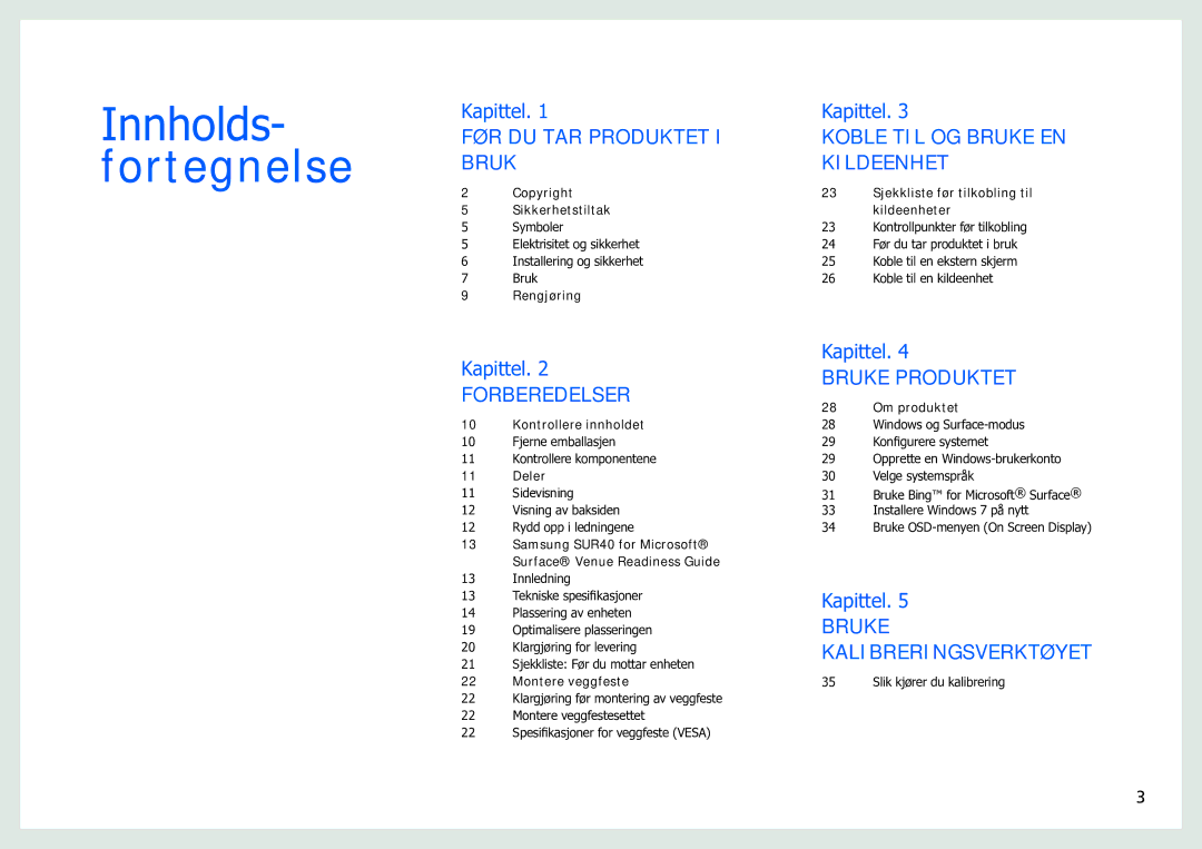 Samsung LH40SFWTGC/EN manual Innholds- fortegnelse 