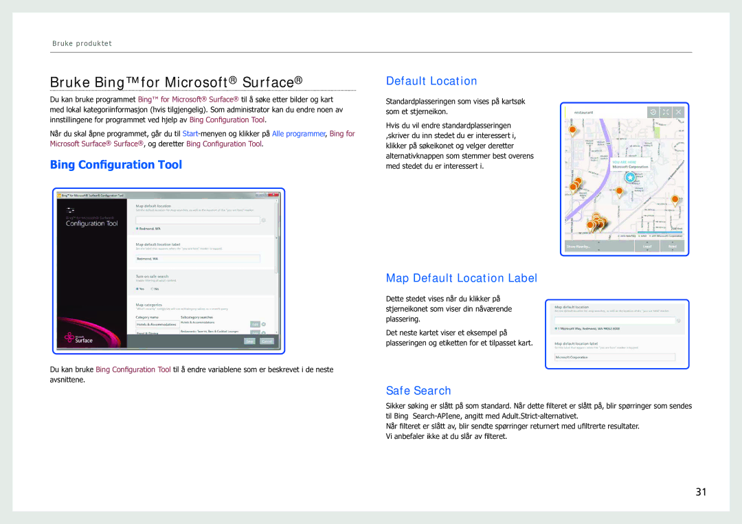 Samsung LH40SFWTGC/EN manual Bruke Bing for Microsoft Surface, Bing Configuration Tool, Default Location, Safe Search 