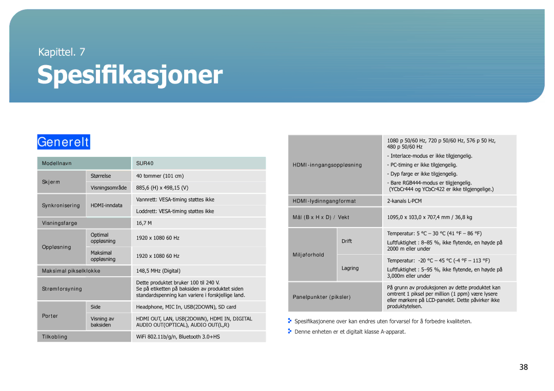 Samsung LH40SFWTGC/EN manual Spesifikasjoner, Generelt 