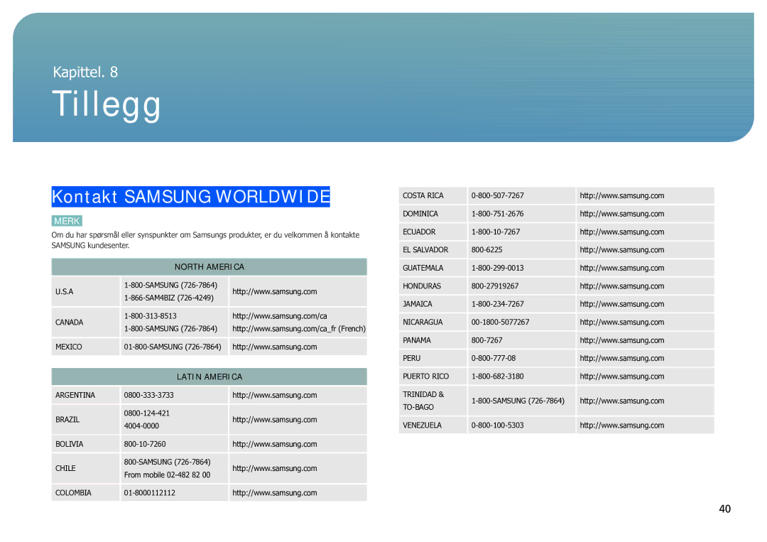 Samsung LH40SFWTGC/EN manual Tillegg, Kontakt Samsung Worldwide, North America, Latin America 