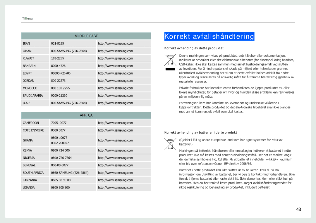 Samsung LH40SFWTGC/EN manual Korrekt avfallshåndtering, Middle East, Africa 