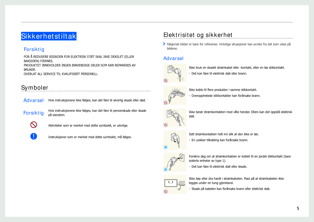 Samsung LH40SFWTGC/EN manual Sikkerhetstiltak, Symboler, Elektrisitet og sikkerhet, Forsiktig 