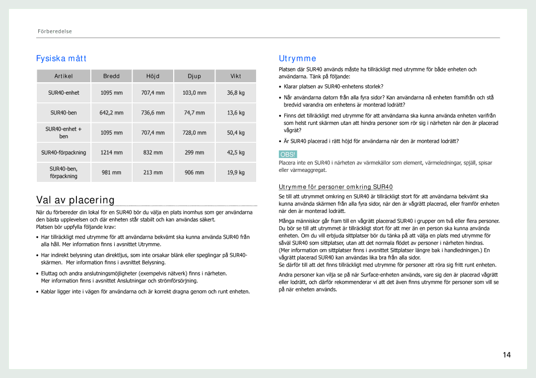 Samsung LH40SFWTGC/EN manual Val av placering, Fysiska mått, Utrymme för personer omkring SUR40 