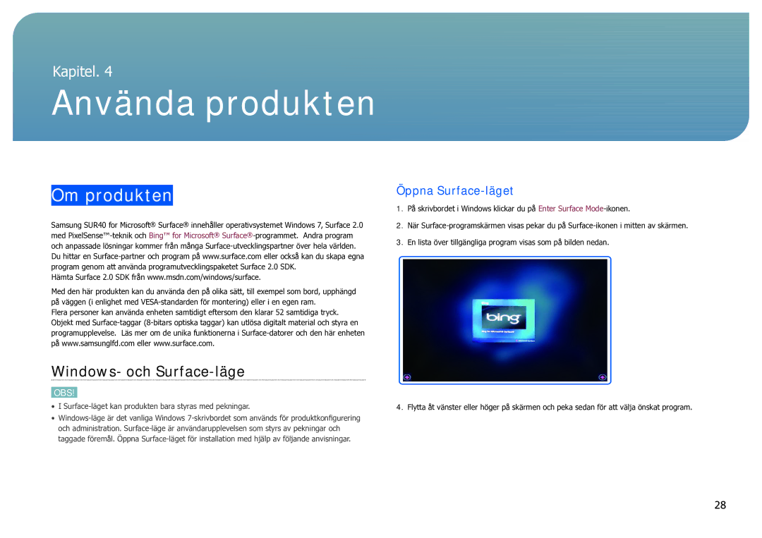 Samsung LH40SFWTGC/EN manual Om produkten, Windows- och Surface-läge, Öppna Surface-läget 