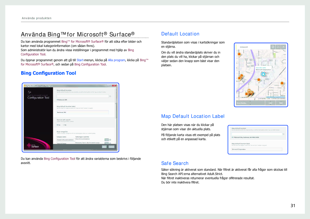 Samsung LH40SFWTGC/EN manual Använda Bing for Microsoft Surface, Bing Configuration Tool, Default Location, Safe Search 