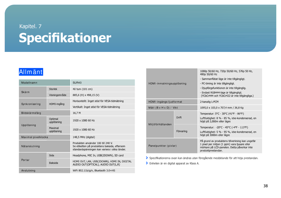 Samsung LH40SFWTGC/EN manual Specifikationer, Allmänt 