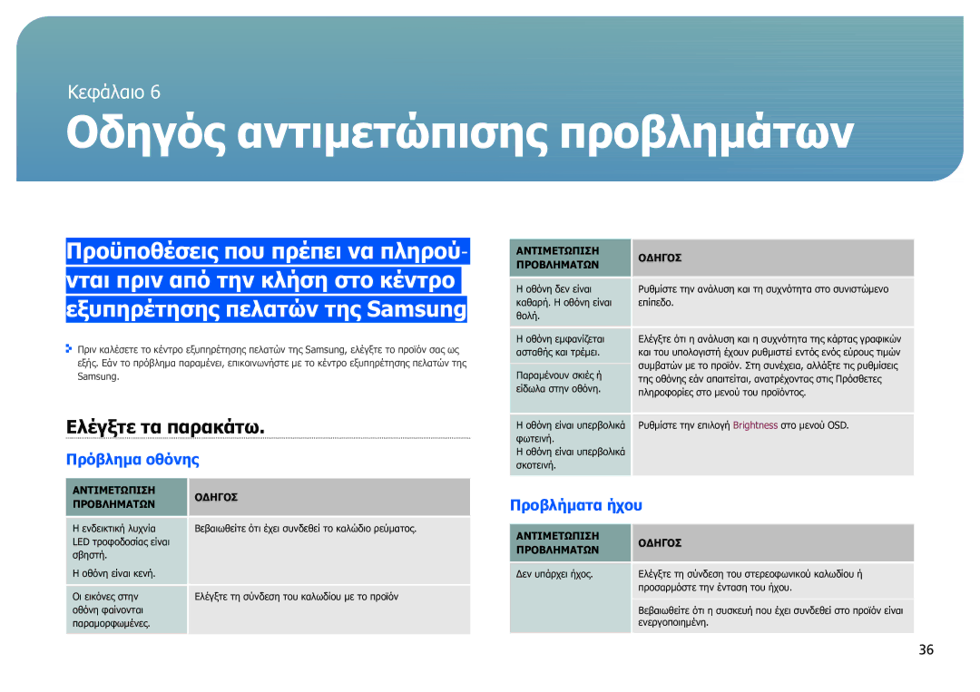 Samsung LH40SFWTGC/EN manual Οδηγός αντιμετώπισης προβλημάτων, Ελέγξτε τα παρακάτω, Πρόβλημα οθόνης, Προβλήματα ήχου 