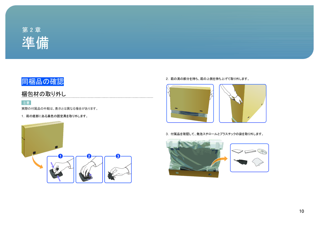 Samsung LH40SFWTGC/ZA, LH40SFWTGC/XJ manual 同梱品の確認, 梱包材の取り外し 