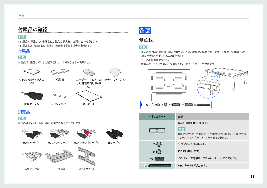 Samsung LH40SFWTGC/XJ, LH40SFWTGC/ZA manual 付属品の確認, 側面図, 別売品, ボタンとポート 