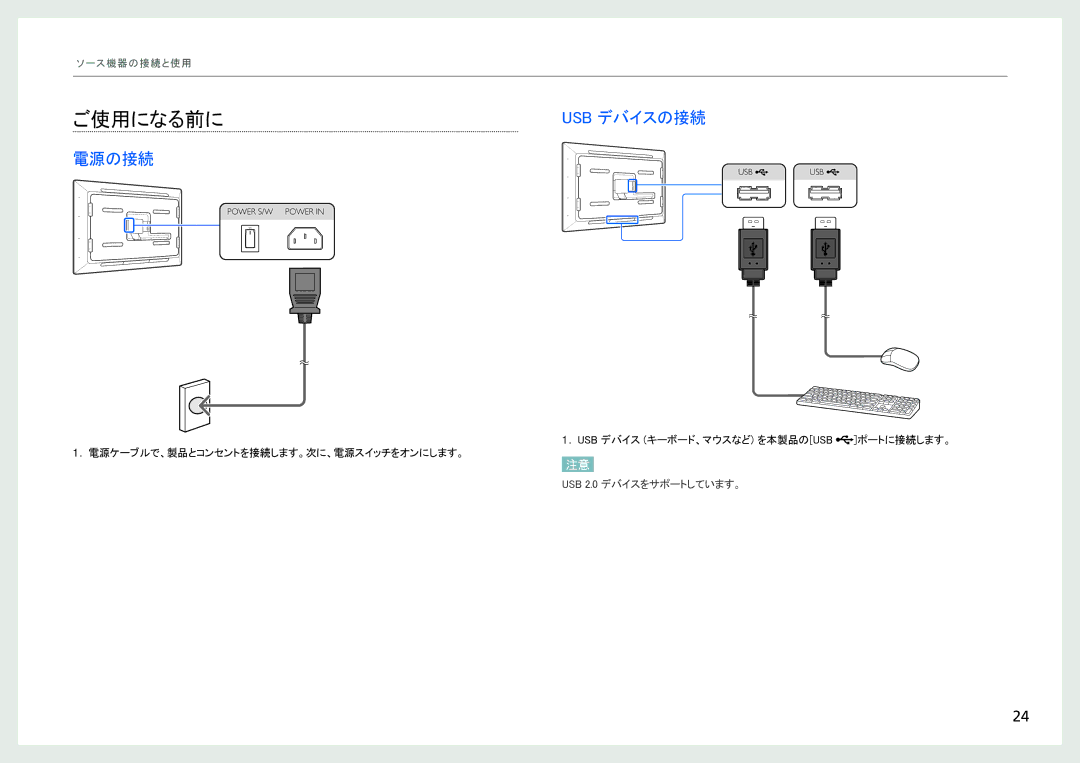 Samsung LH40SFWTGC/ZA, LH40SFWTGC/XJ manual ご使用になる前に, Usb デバイスの接続, 電源の接続 