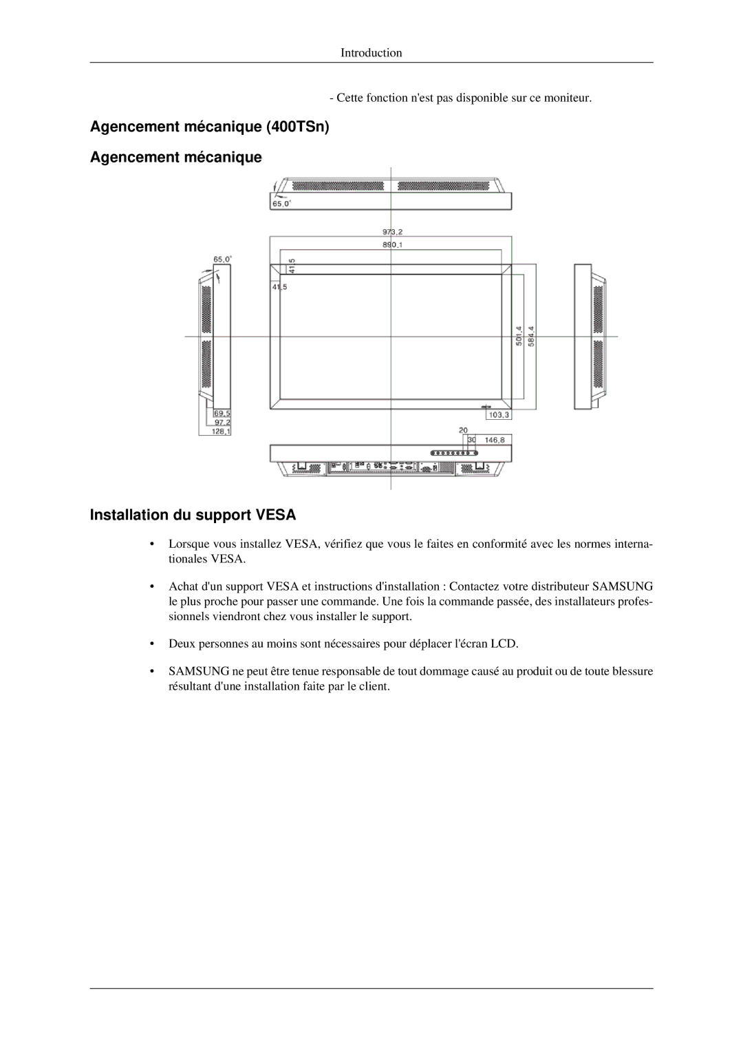 Samsung LH46TCTMBC/EN, LH40TCTMBC/EN manual Agencement mécanique 400TSn Installation du support Vesa 