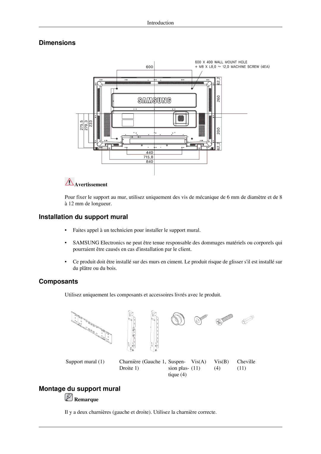 Samsung LH40TCTMBC/EN, LH46TCTMBC/EN manual Dimensions, Installation du support mural, Composants, Montage du support mural 