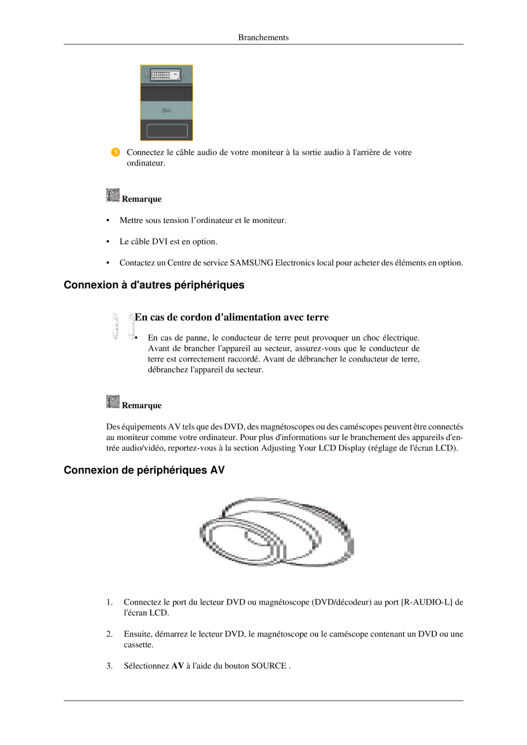 Samsung LH46TCTMBC/EN, LH40TCTMBC/EN manual Connexion à dautres périphériques, Connexion de périphériques AV 