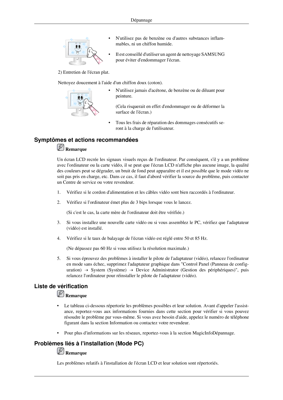 Samsung LH40TCTMBC/EN Symptômes et actions recommandées, Liste de vérification, Problèmes liés à linstallation Mode PC 