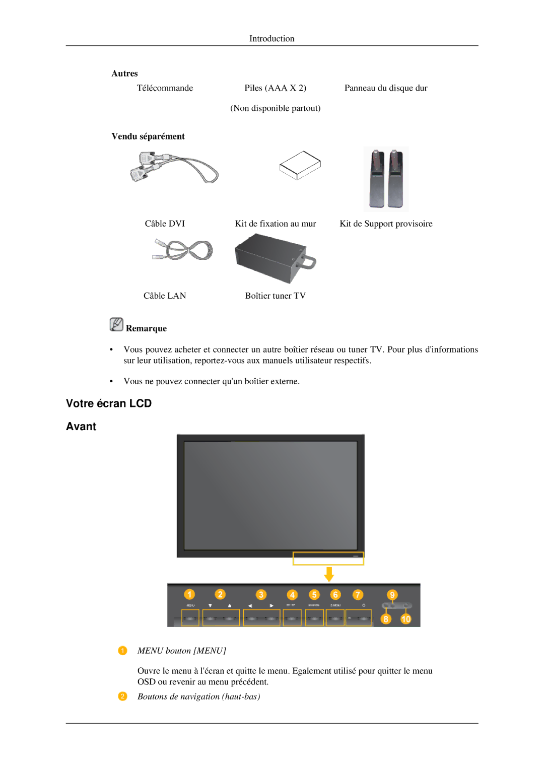 Samsung LH46TCTMBC/EN, LH40TCTMBC/EN manual Votre écran LCD Avant, Menu bouton Menu 