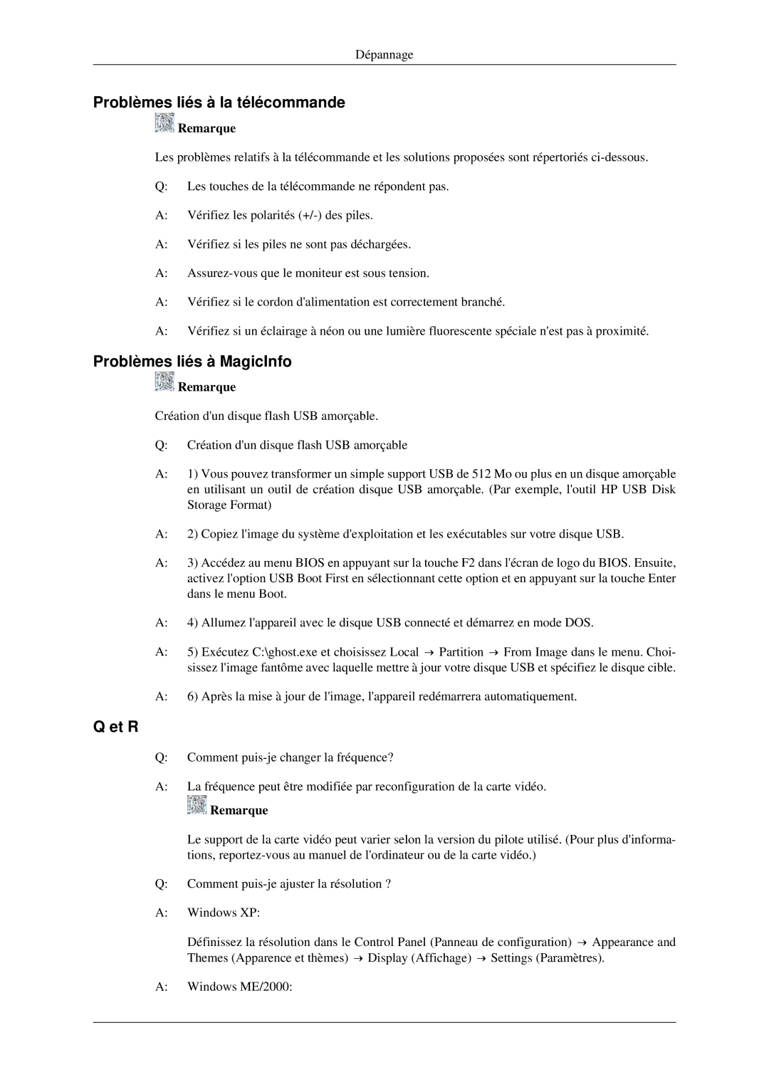 Samsung LH46TCTMBC/EN, LH40TCTMBC/EN manual Problèmes liés à la télécommande, Problèmes liés à MagicInfo, Et R 