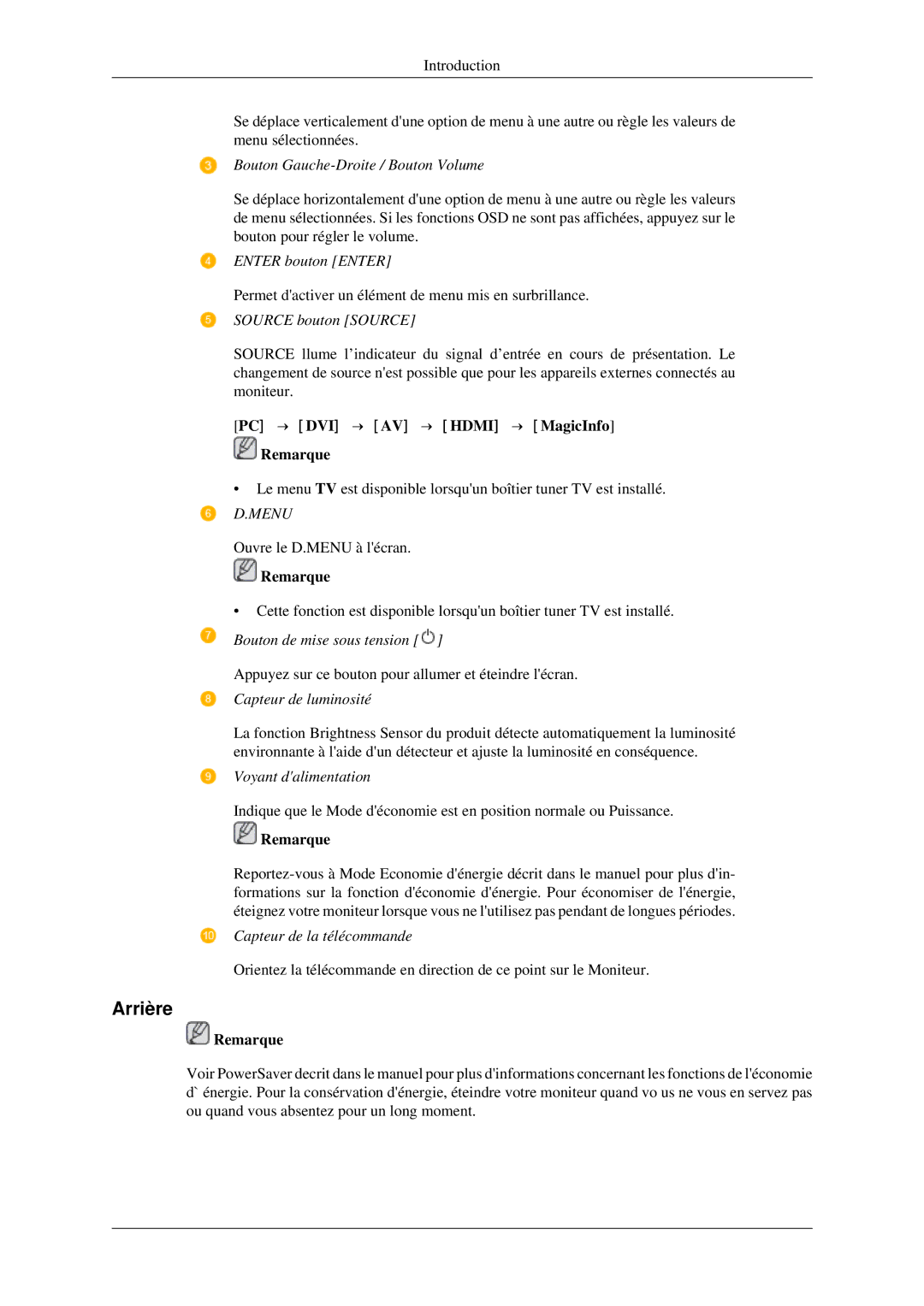 Samsung LH40TCTMBC/EN, LH46TCTMBC/EN manual Arrière, Bouton Gauche-Droite / Bouton Volume 