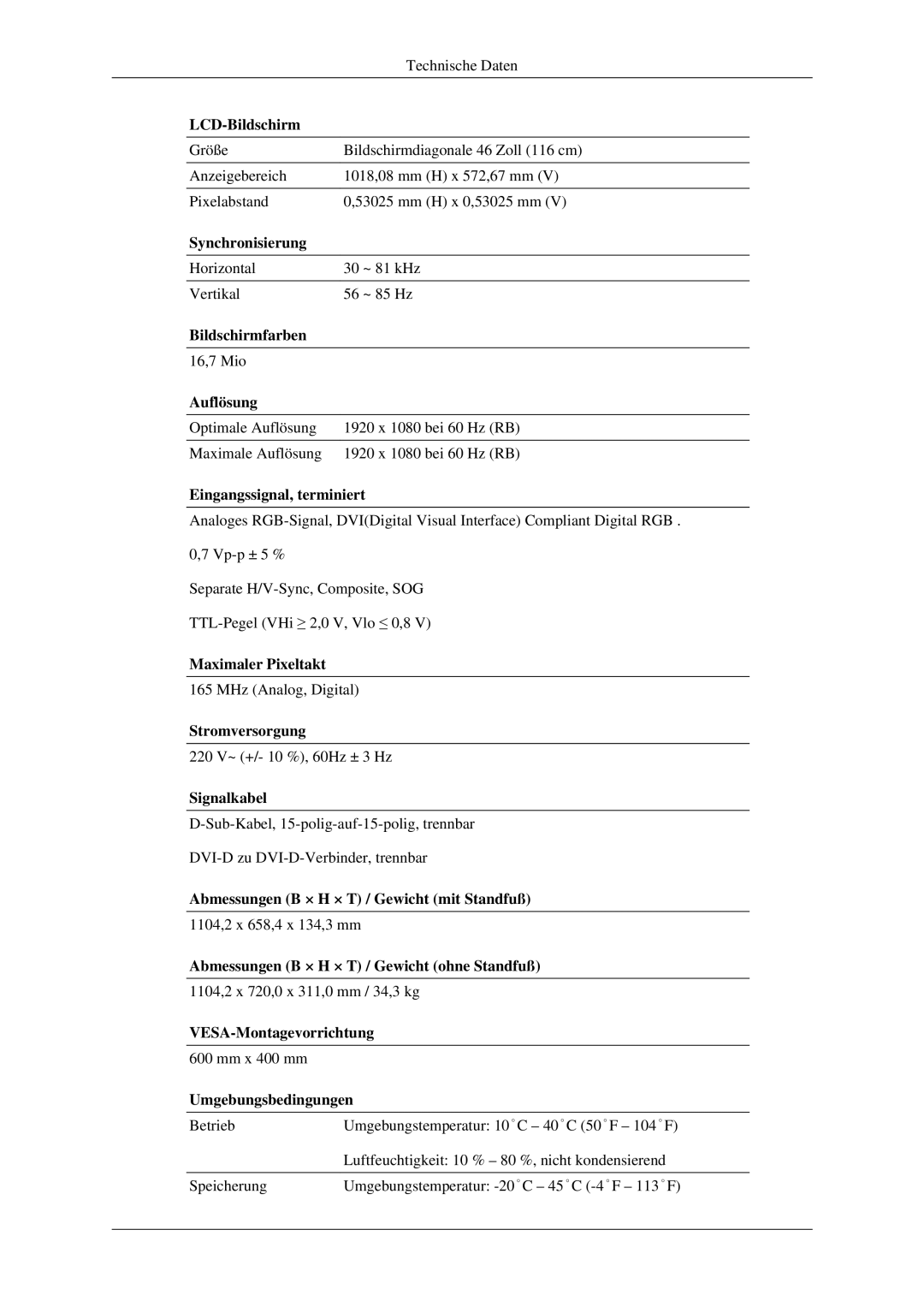 Samsung LH46TCTMBC/EN, LH40TCTMBC/EN manual LCD-Bildschirm, Abmessungen B × H × T / Gewicht ohne Standfuß 