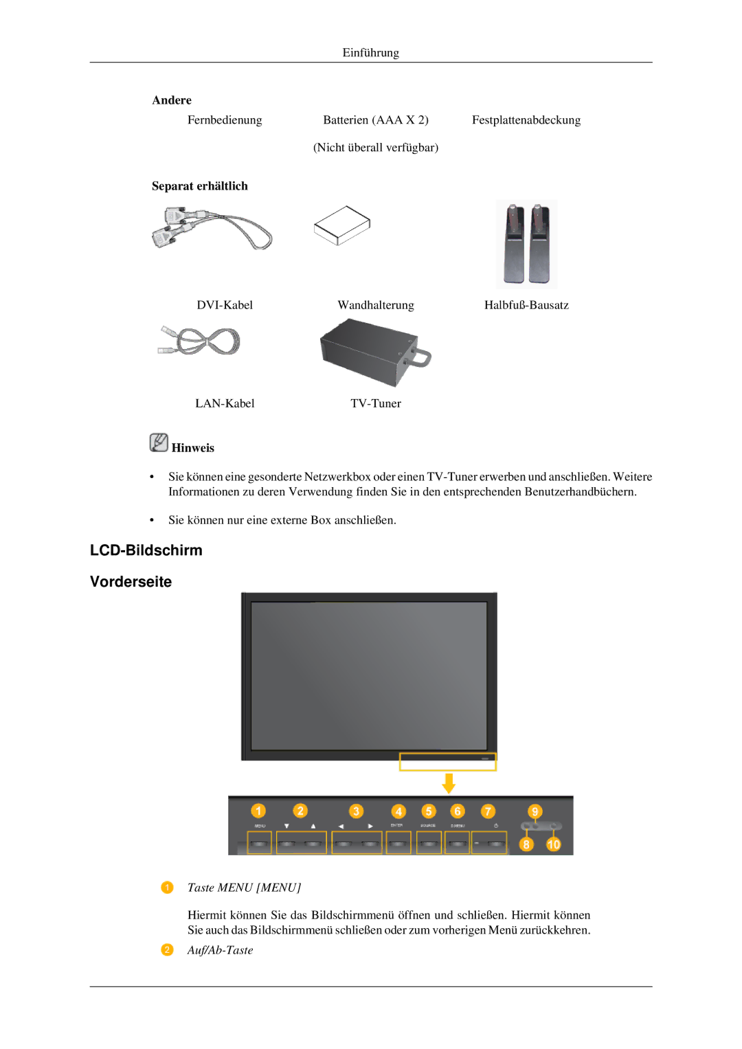 Samsung LH46TCTMBC/EN, LH40TCTMBC/EN manual LCD-Bildschirm Vorderseite, Separat erhältlich 