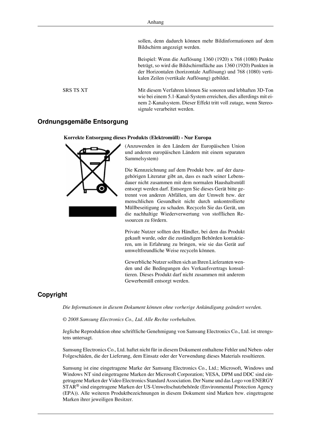 Samsung LH46TCTMBC/EN Ordnungsgemäße Entsorgung, Copyright, Korrekte Entsorgung dieses Produkts Elektromüll Nur Europa 