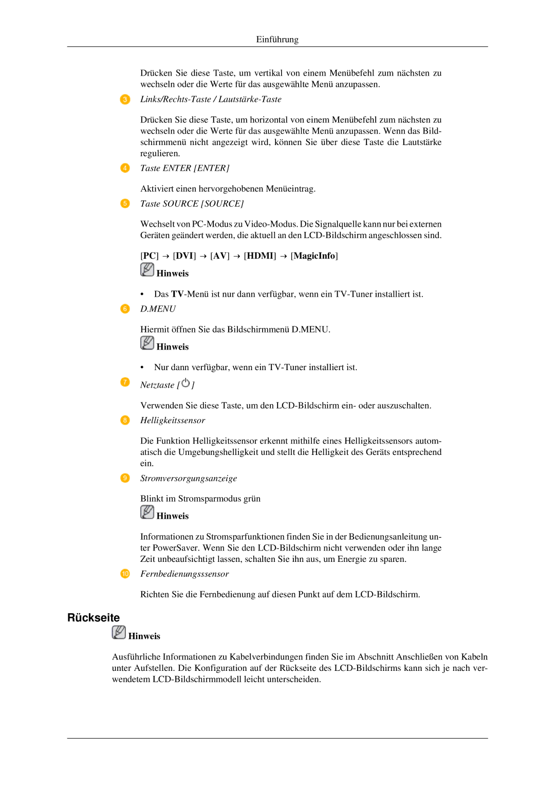 Samsung LH40TCTMBC/EN, LH46TCTMBC/EN manual Rückseite, PC → DVI → AV → Hdmi → MagicInfo Hinweis 