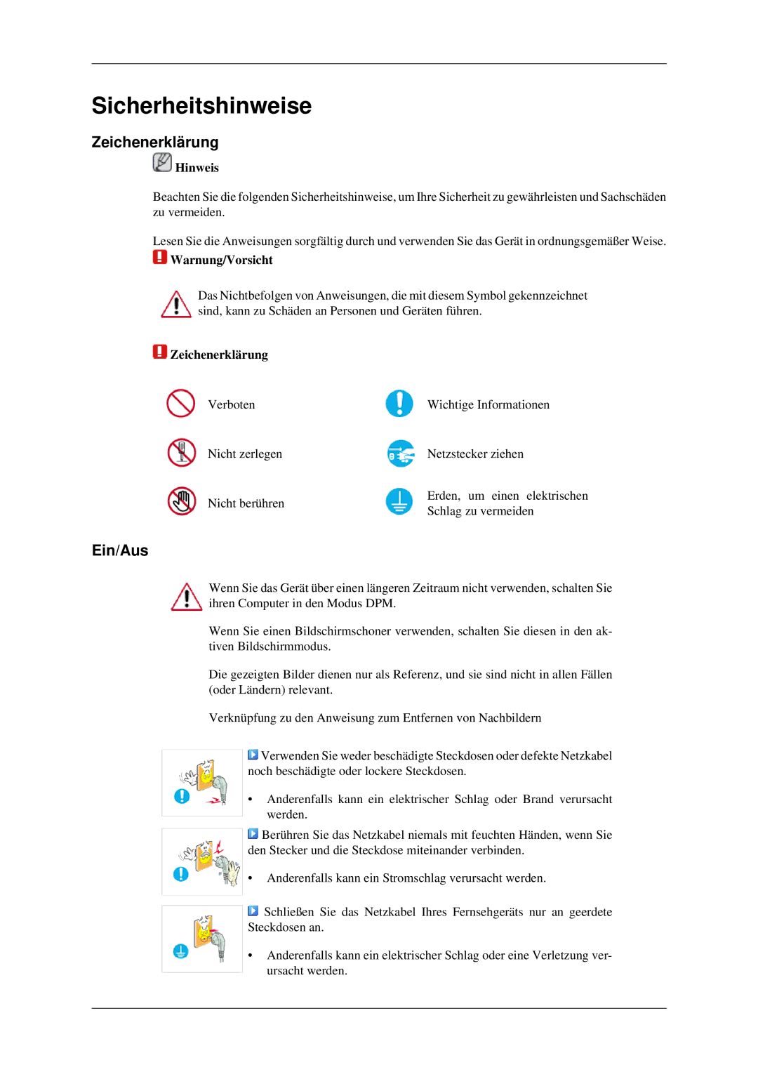 Samsung LH40TCTMBC/EN, LH46TCTMBC/EN manual Zeichenerklärung, Ein/Aus, Hinweis, Warnung/Vorsicht 