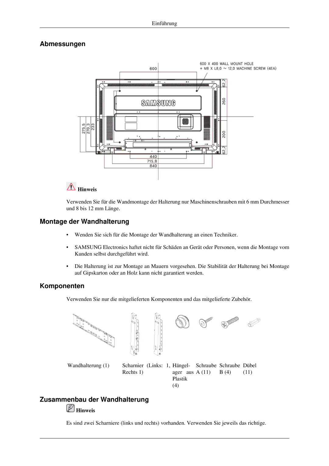 Samsung LH40TCTMBC/EN, LH46TCTMBC/EN Abmessungen, Montage der Wandhalterung, Komponenten, Zusammenbau der Wandhalterung 