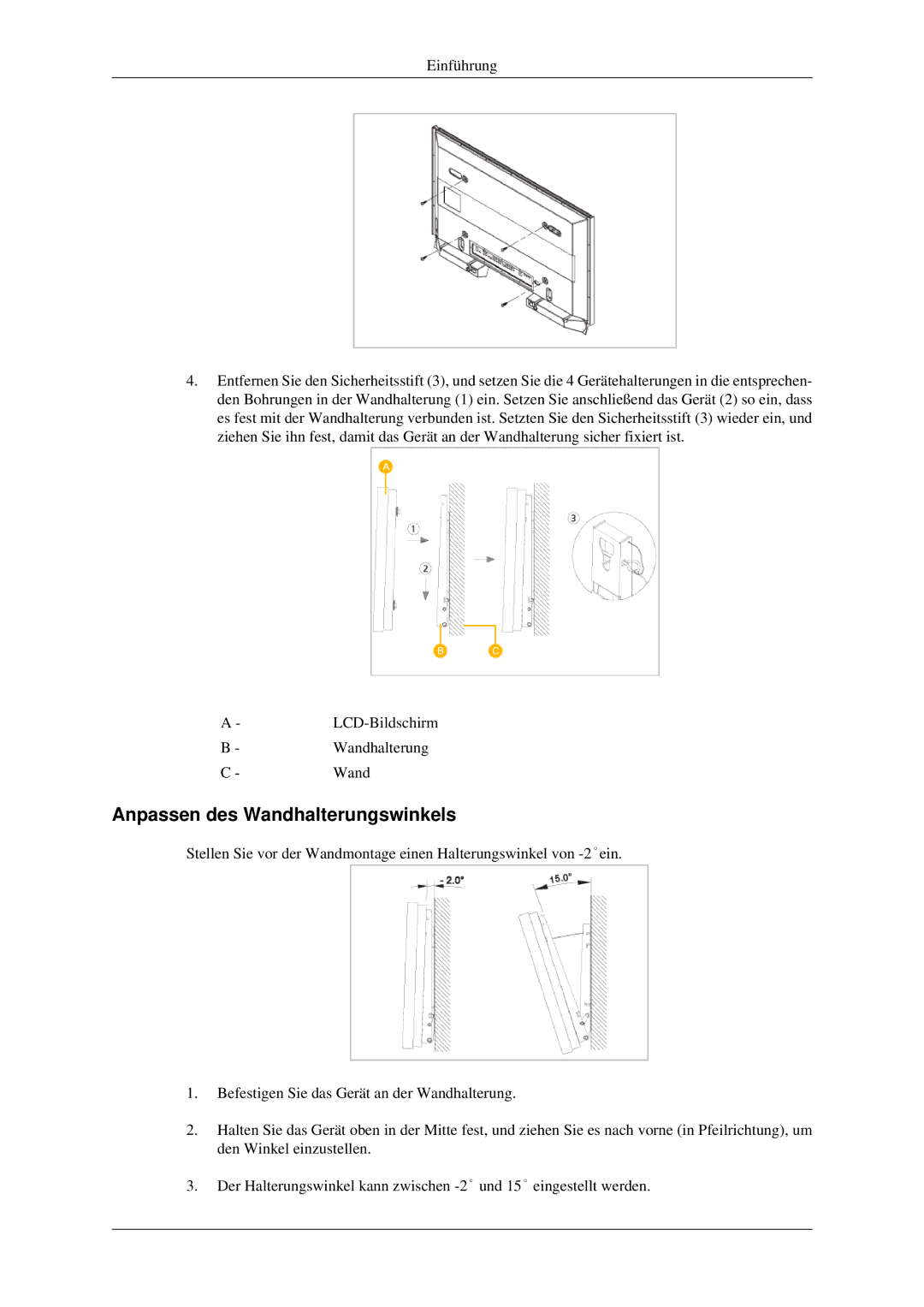 Samsung LH46TCTMBC/EN, LH40TCTMBC/EN manual Anpassen des Wandhalterungswinkels 