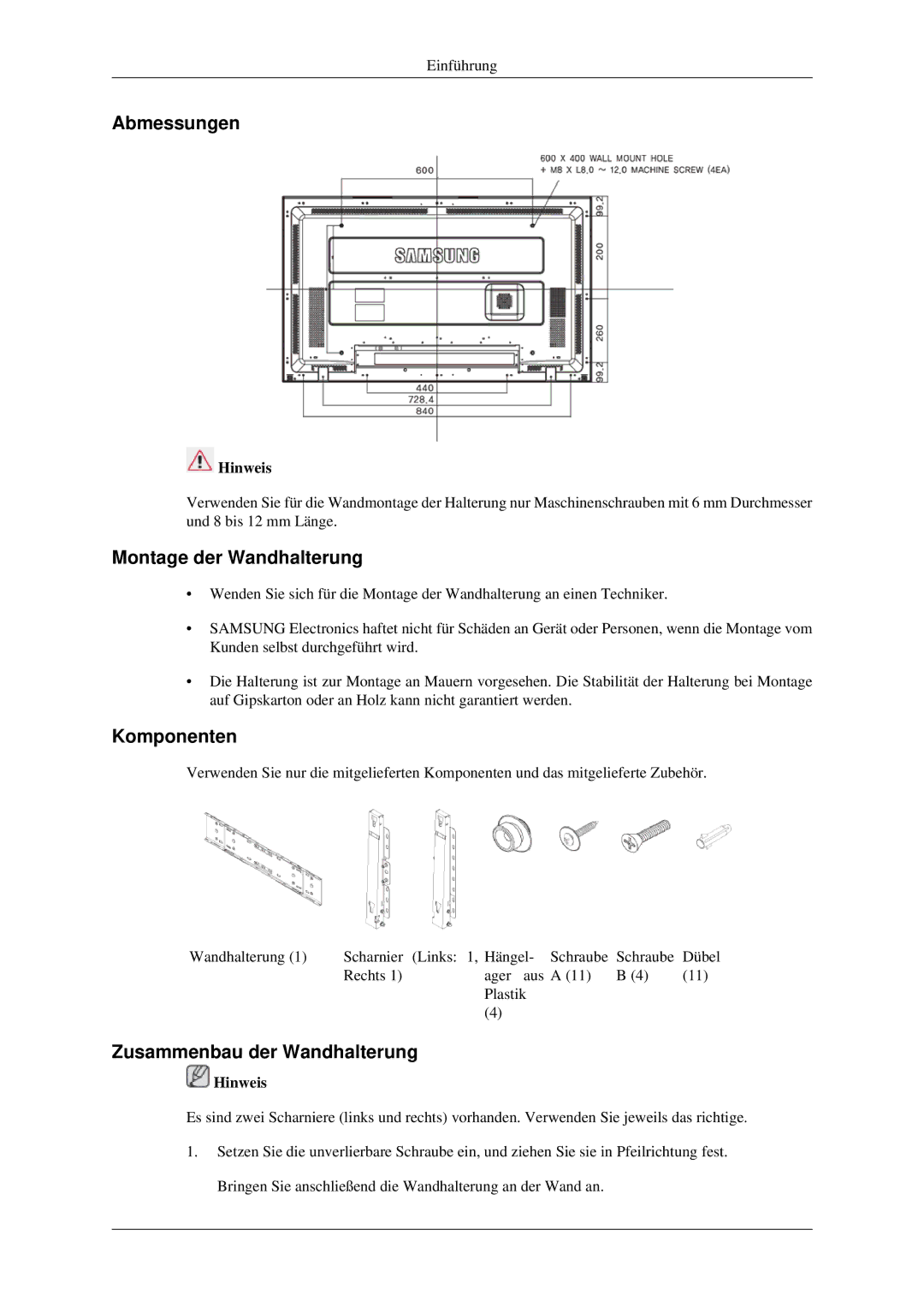 Samsung LH46TCTMBC/EN, LH40TCTMBC/EN manual Abmessungen 