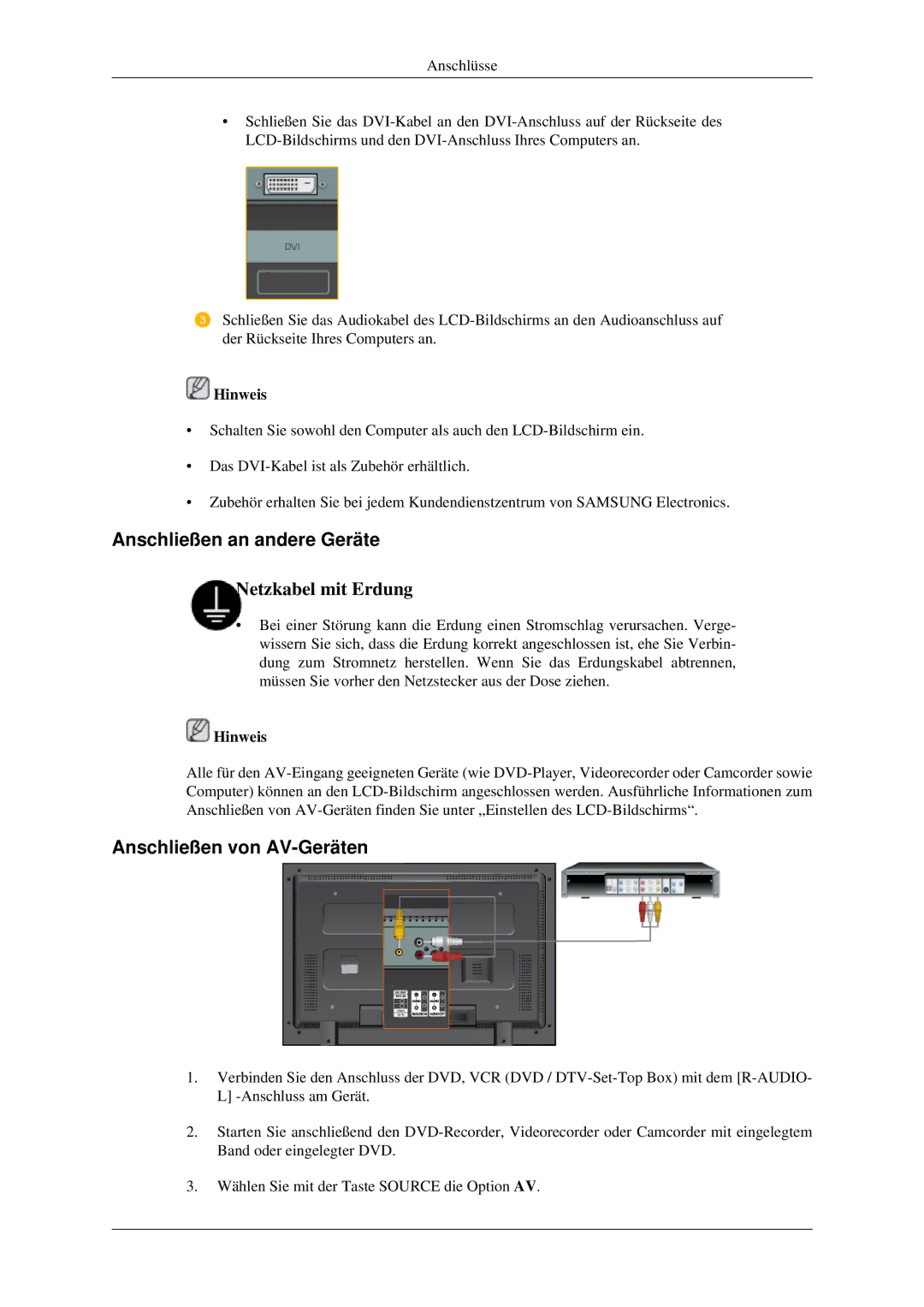 Samsung LH46TCTMBC/EN, LH40TCTMBC/EN manual Anschließen an andere Geräte, Anschließen von AV-Geräten 