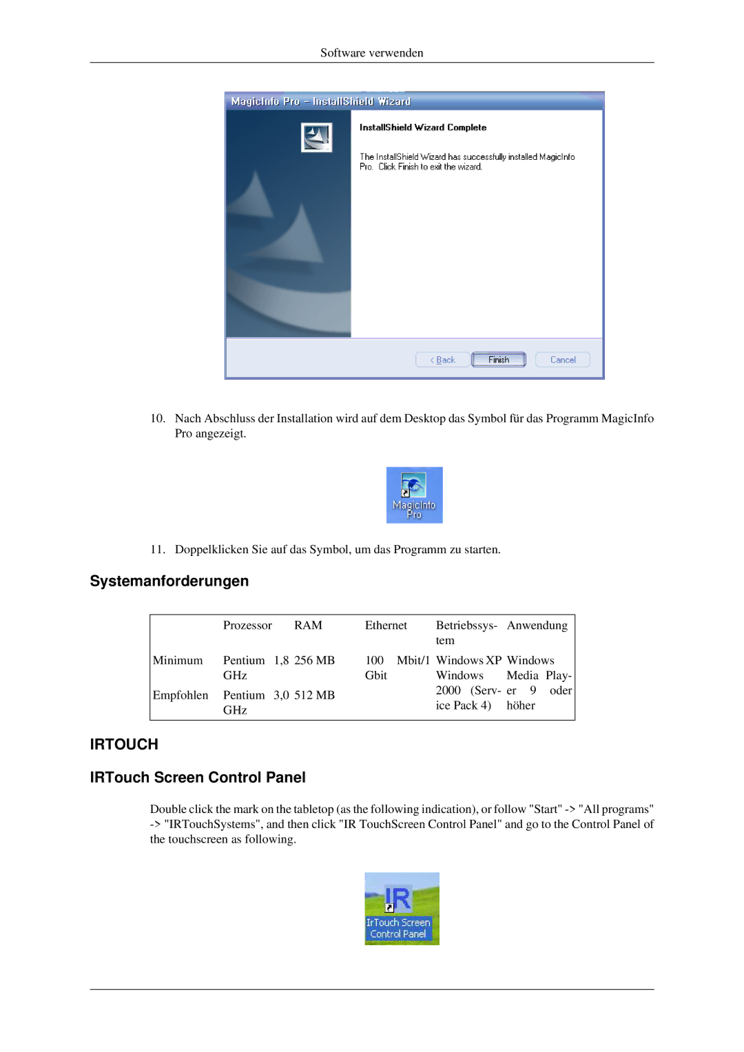 Samsung LH46TCTMBC/EN, LH40TCTMBC/EN manual Systemanforderungen, IRTouch Screen Control Panel 