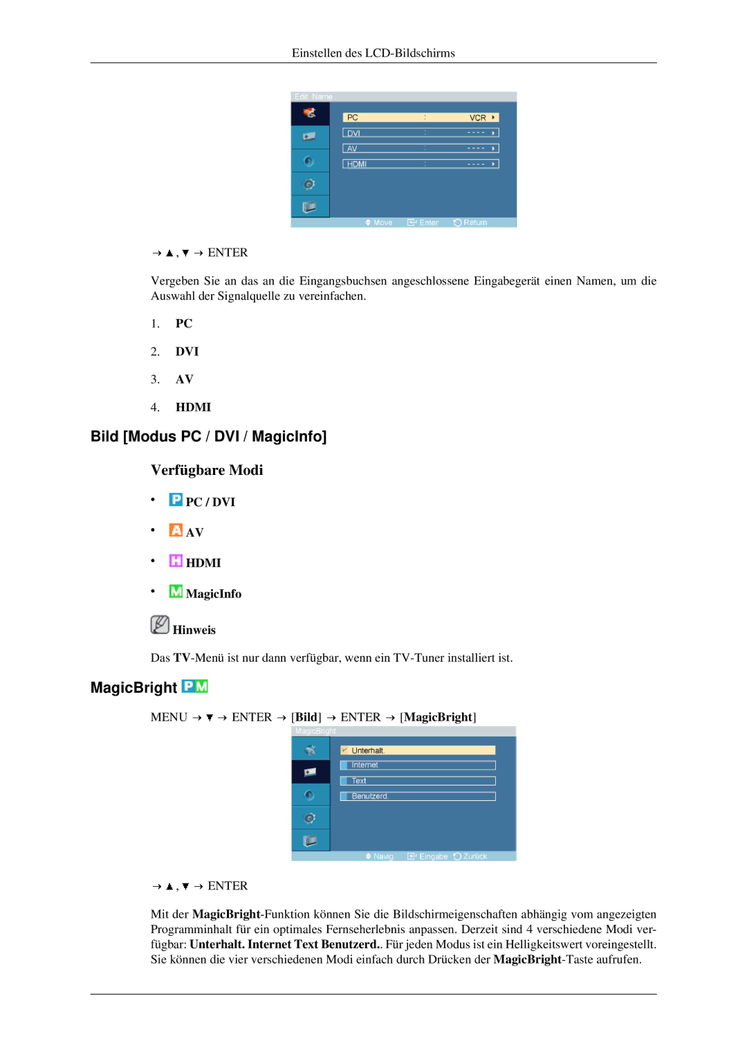 Samsung LH40TCTMBC/EN, LH46TCTMBC/EN manual Bild Modus PC / DVI / MagicInfo, MagicBright 