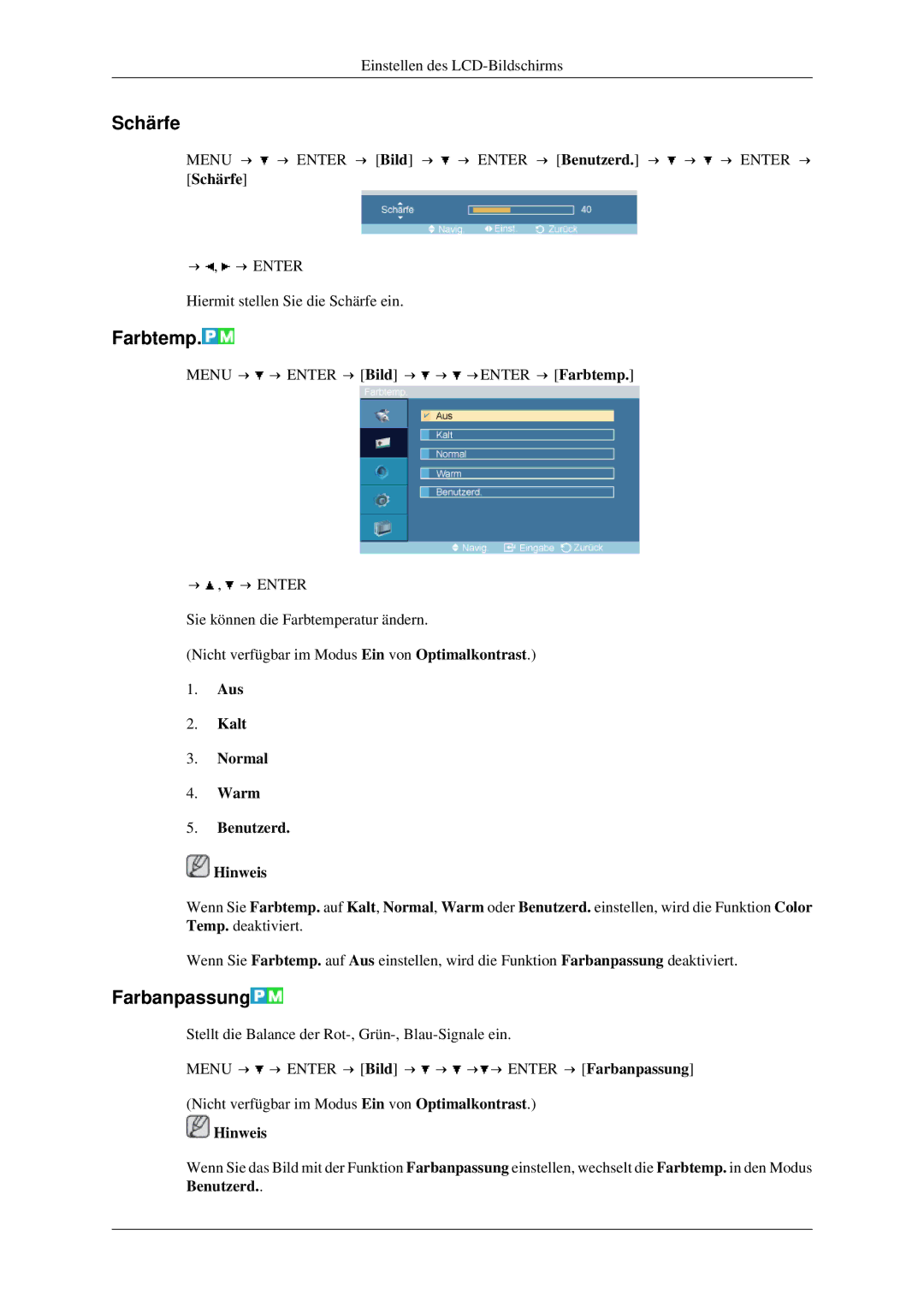 Samsung LH40TCTMBC/EN, LH46TCTMBC/EN manual Schärfe, Farbtemp, Farbanpassung, Aus Kalt Normal Warm Benutzerd Hinweis 