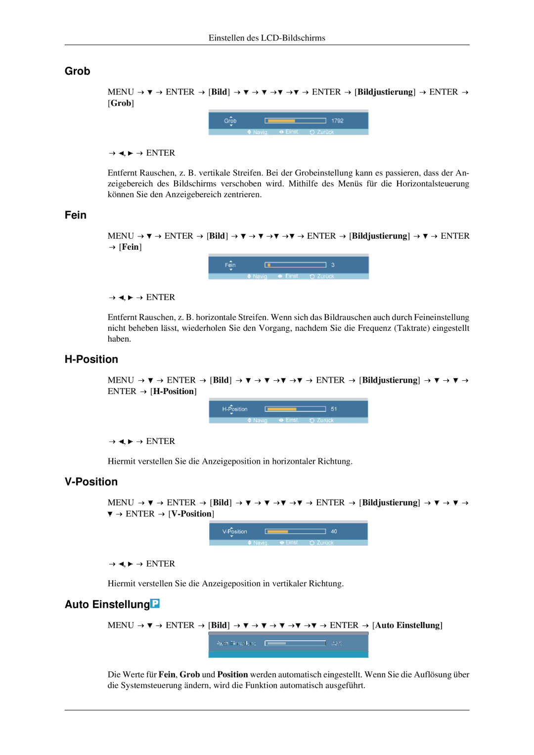 Samsung LH40TCTMBC/EN, LH46TCTMBC/EN manual Grob, Position, Auto Einstellung, → Fein 