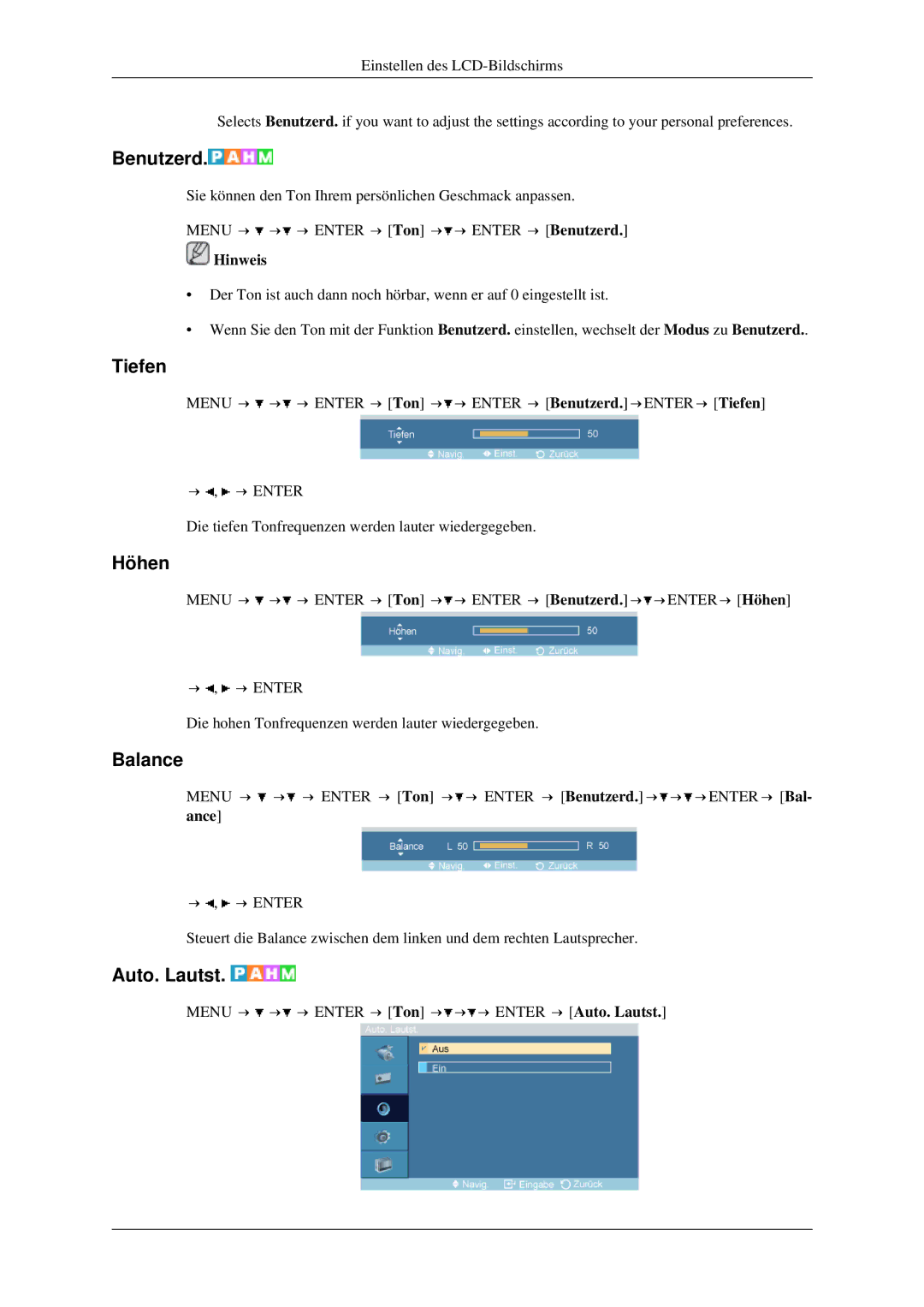 Samsung LH46TCTMBC/EN, LH40TCTMBC/EN manual Tiefen, Höhen, Balance, Auto. Lautst 