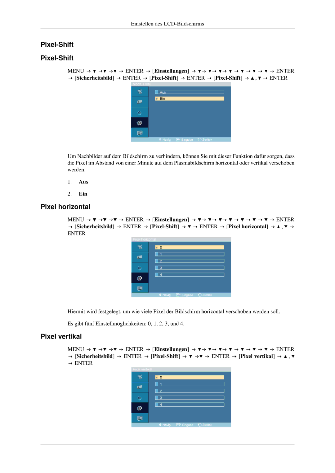 Samsung LH46TCTMBC/EN, LH40TCTMBC/EN manual Pixel-Shift, Pixel horizontal, Pixel vertikal 