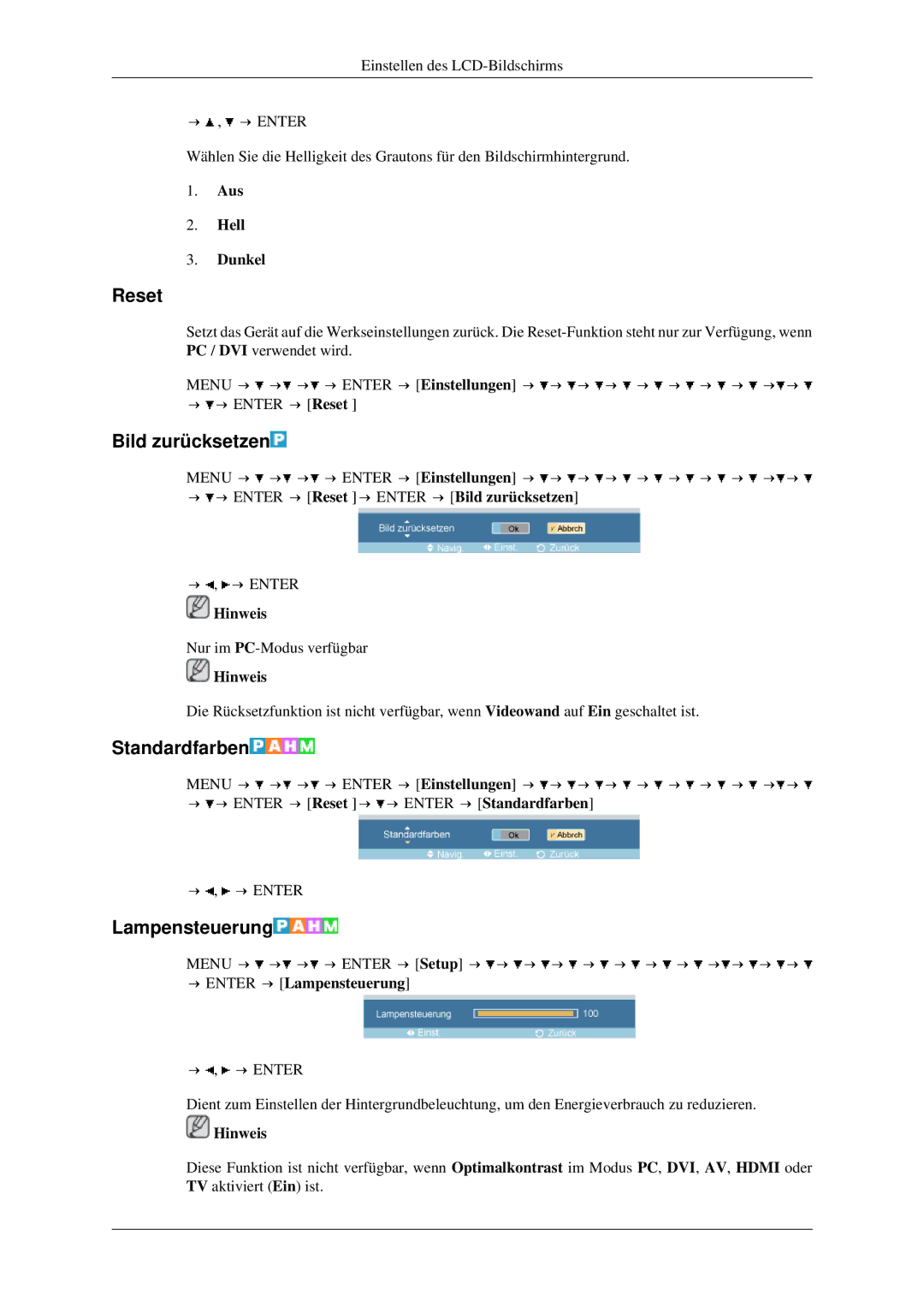 Samsung LH40TCTMBC/EN, LH46TCTMBC/EN manual Reset, Bild zurücksetzen, Standardfarben, Lampensteuerung 