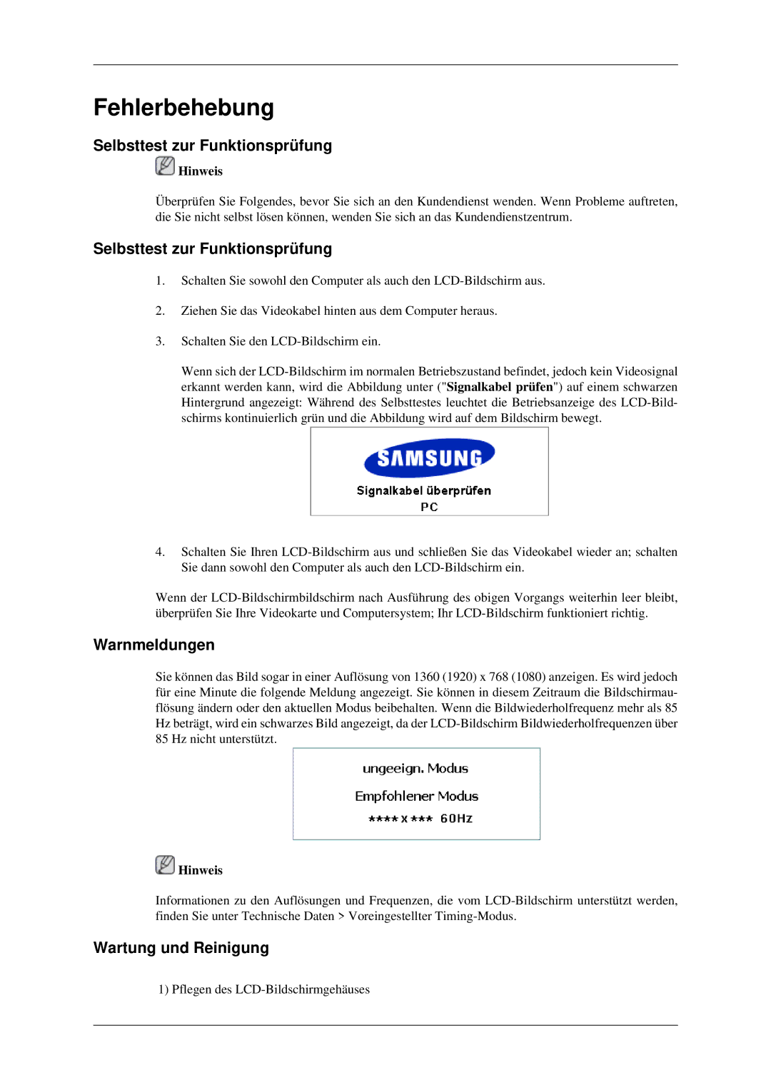 Samsung LH40TCTMBC/EN, LH46TCTMBC/EN manual Selbsttest zur Funktionsprüfung, Warnmeldungen, Wartung und Reinigung 