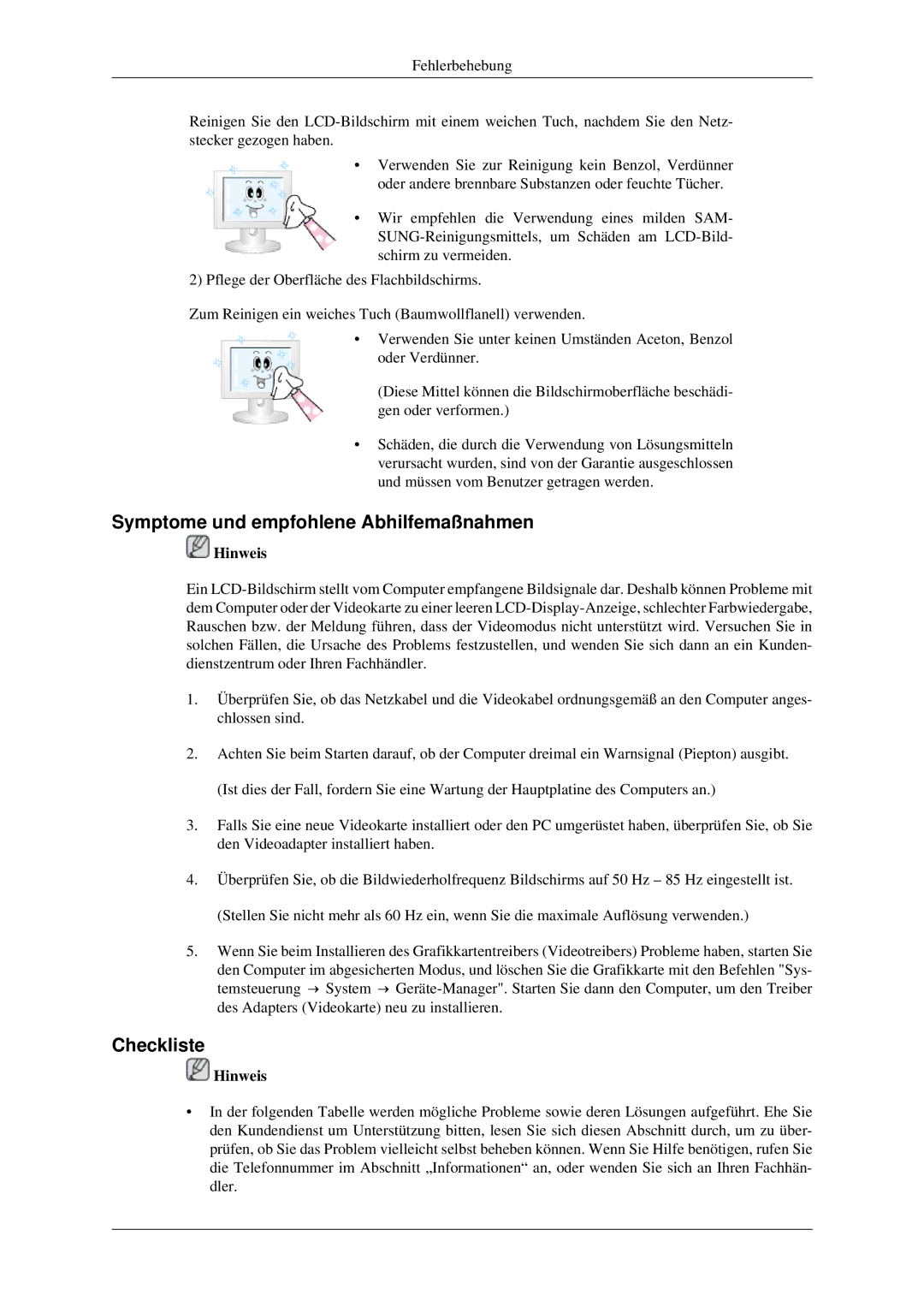 Samsung LH46TCTMBC/EN, LH40TCTMBC/EN manual Symptome und empfohlene Abhilfemaßnahmen, Checkliste 