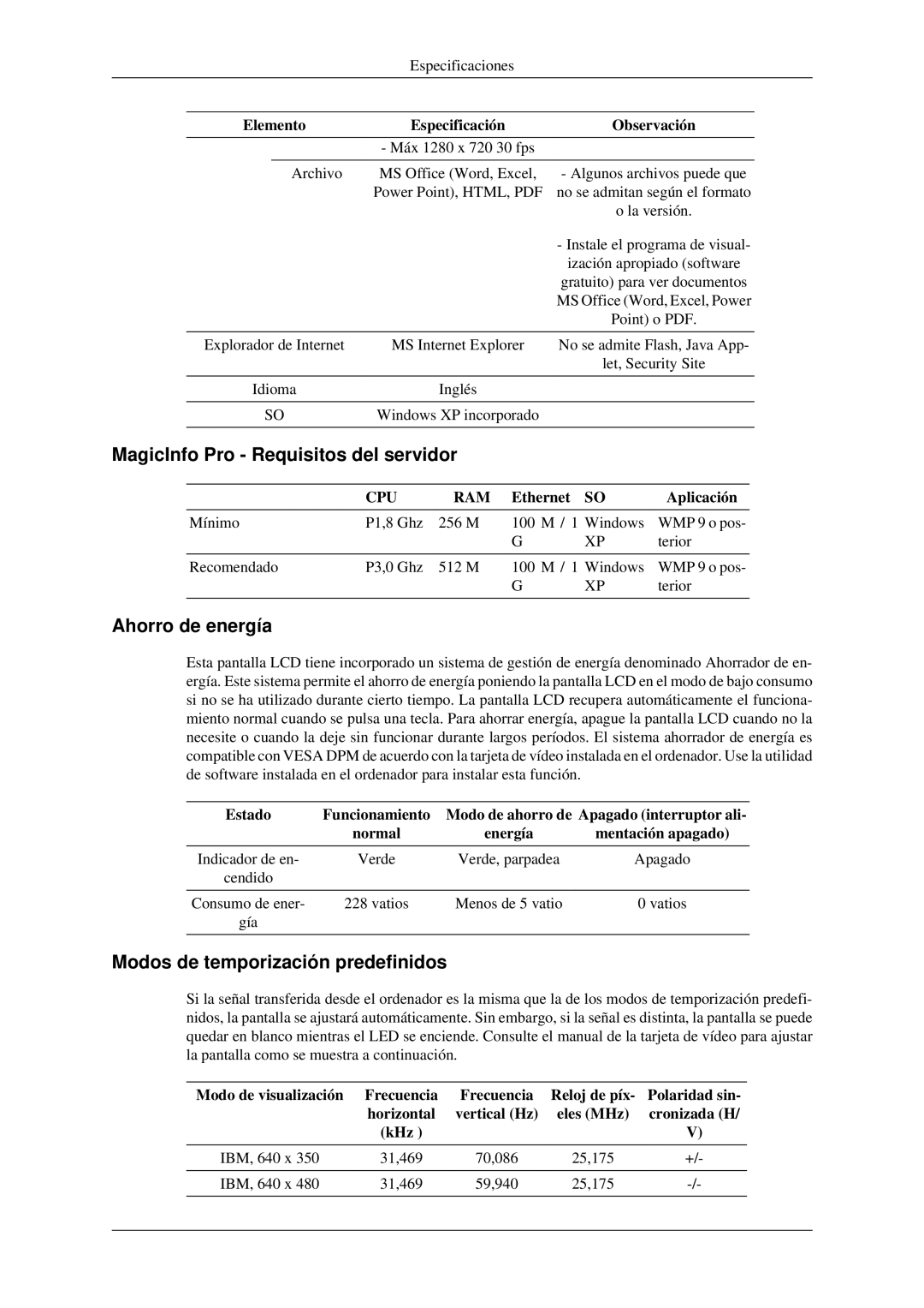 Samsung LH40TCTMBC/EN manual MagicInfo Pro Requisitos del servidor, Ahorro de energía, Modos de temporización predefinidos 