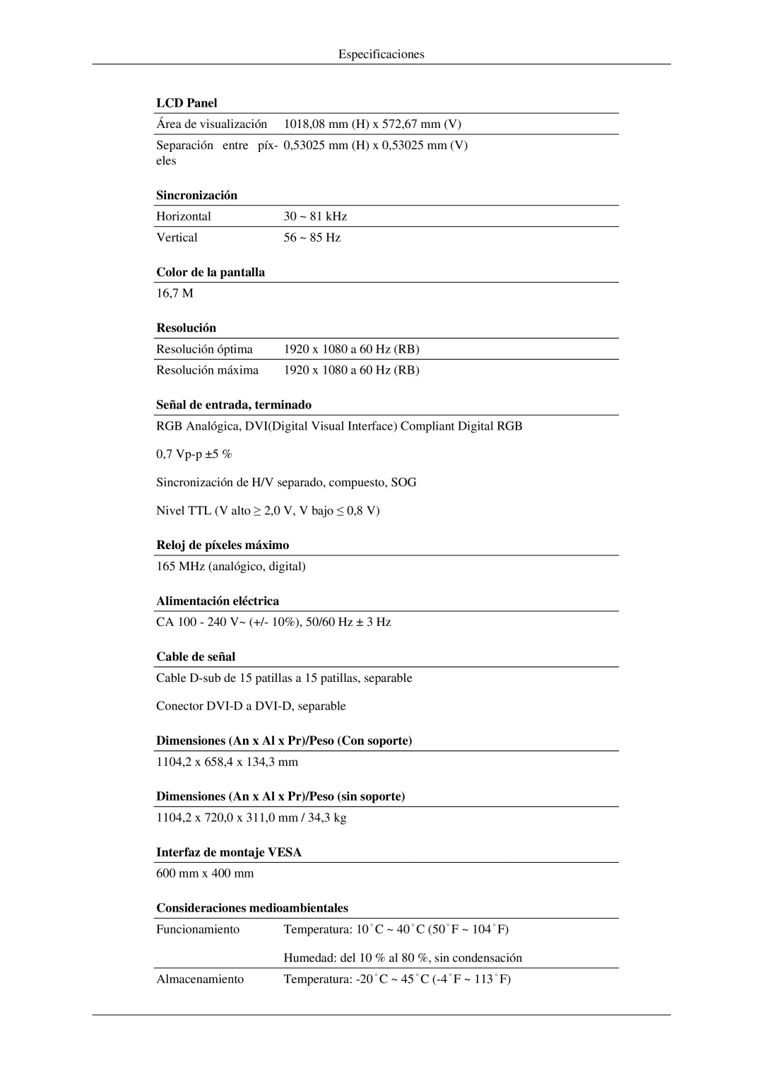 Samsung LH40TCTMBC/EN, LH46TCTMBC/EN manual Sincronización, Dimensiones An x Al x Pr/Peso sin soporte 