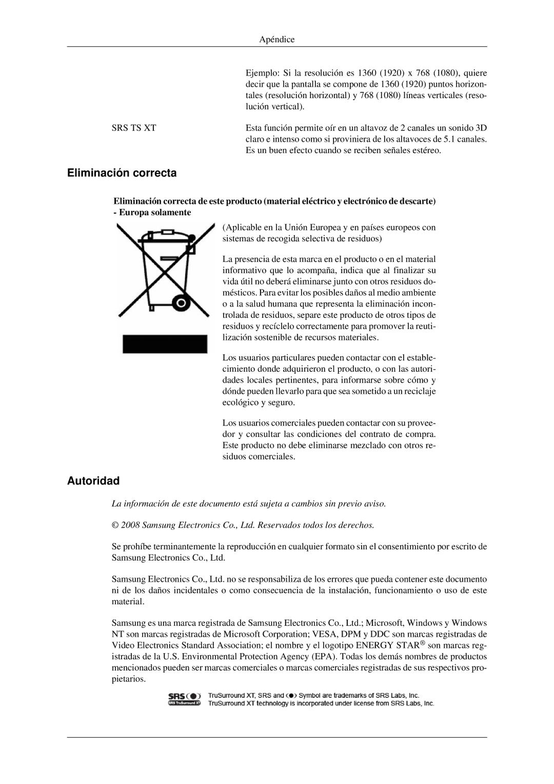 Samsung LH40TCTMBC/EN, LH46TCTMBC/EN manual Eliminación correcta, Autoridad 