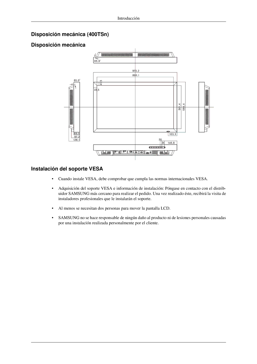 Samsung LH46TCTMBC/EN, LH40TCTMBC/EN manual Disposición mecánica 400TSn Instalación del soporte Vesa 