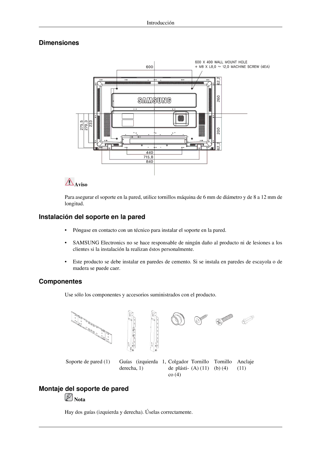 Samsung LH40TCTMBC/EN Dimensiones, Instalación del soporte en la pared, Componentes, Montaje del soporte de pared, Aviso 