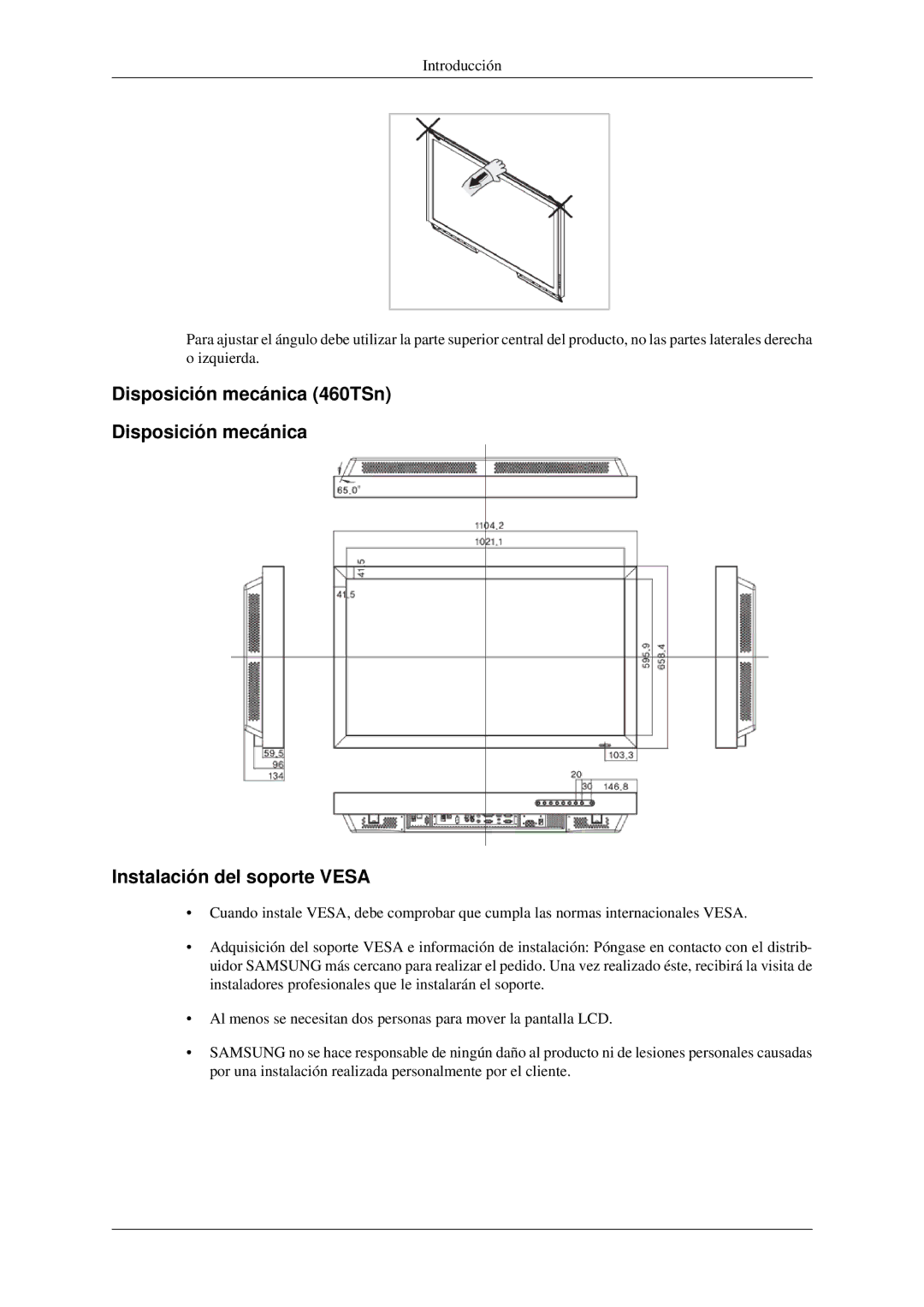 Samsung LH40TCTMBC/EN, LH46TCTMBC/EN manual Disposición mecánica 460TSn Instalación del soporte Vesa 