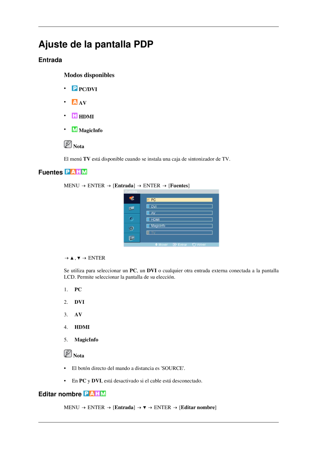 Samsung LH46TCTMBC/EN, LH40TCTMBC/EN manual Entrada, Fuentes, Editar nombre, MagicInfo Nota, Dvi 