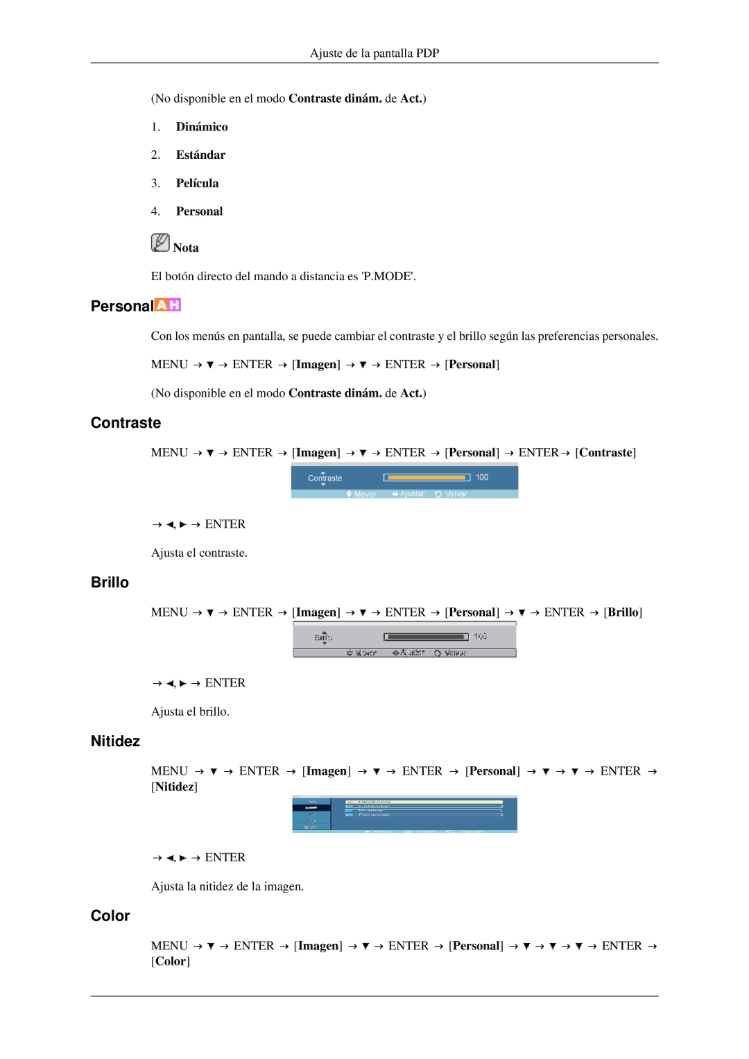 Samsung LH40TCTMBC/EN, LH46TCTMBC/EN manual Color, Dinámico Estándar Película Personal Nota 