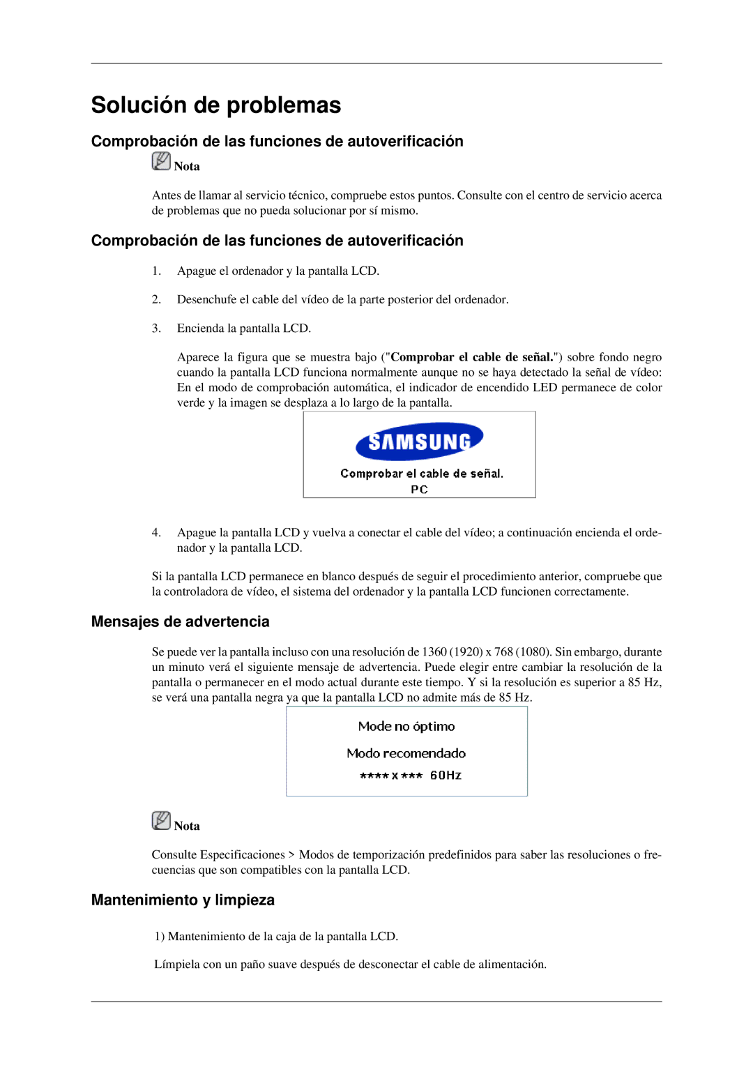 Samsung LH46TCTMBC/EN Comprobación de las funciones de autoverificación, Mensajes de advertencia, Mantenimiento y limpieza 