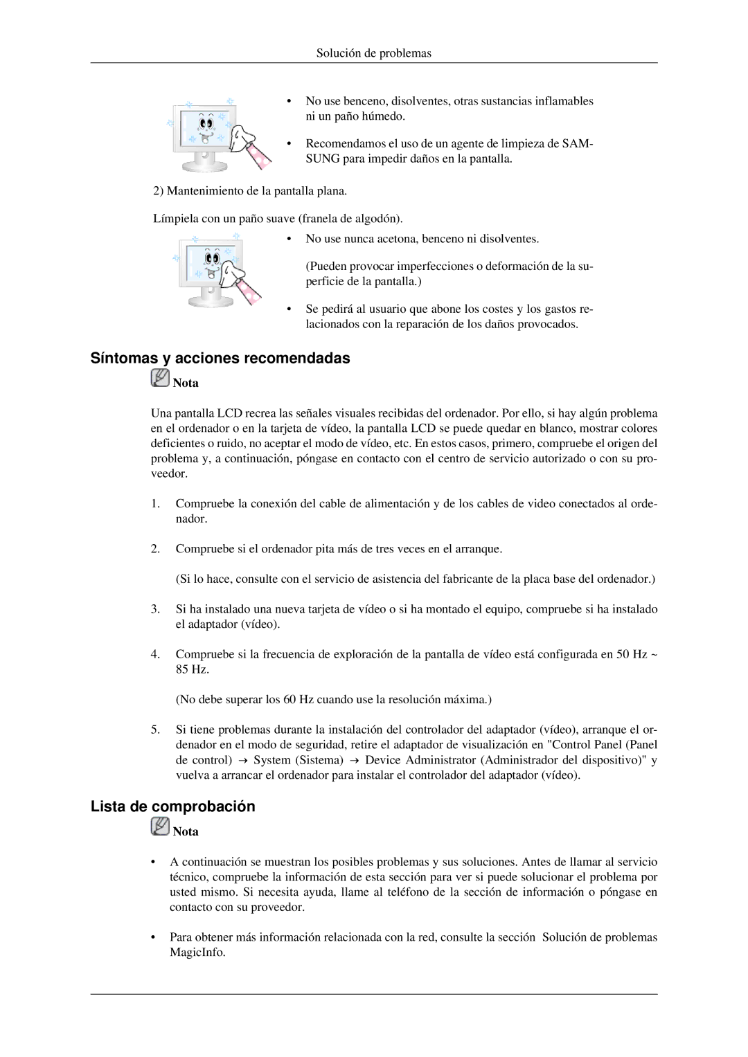 Samsung LH40TCTMBC/EN, LH46TCTMBC/EN manual Síntomas y acciones recomendadas, Lista de comprobación 